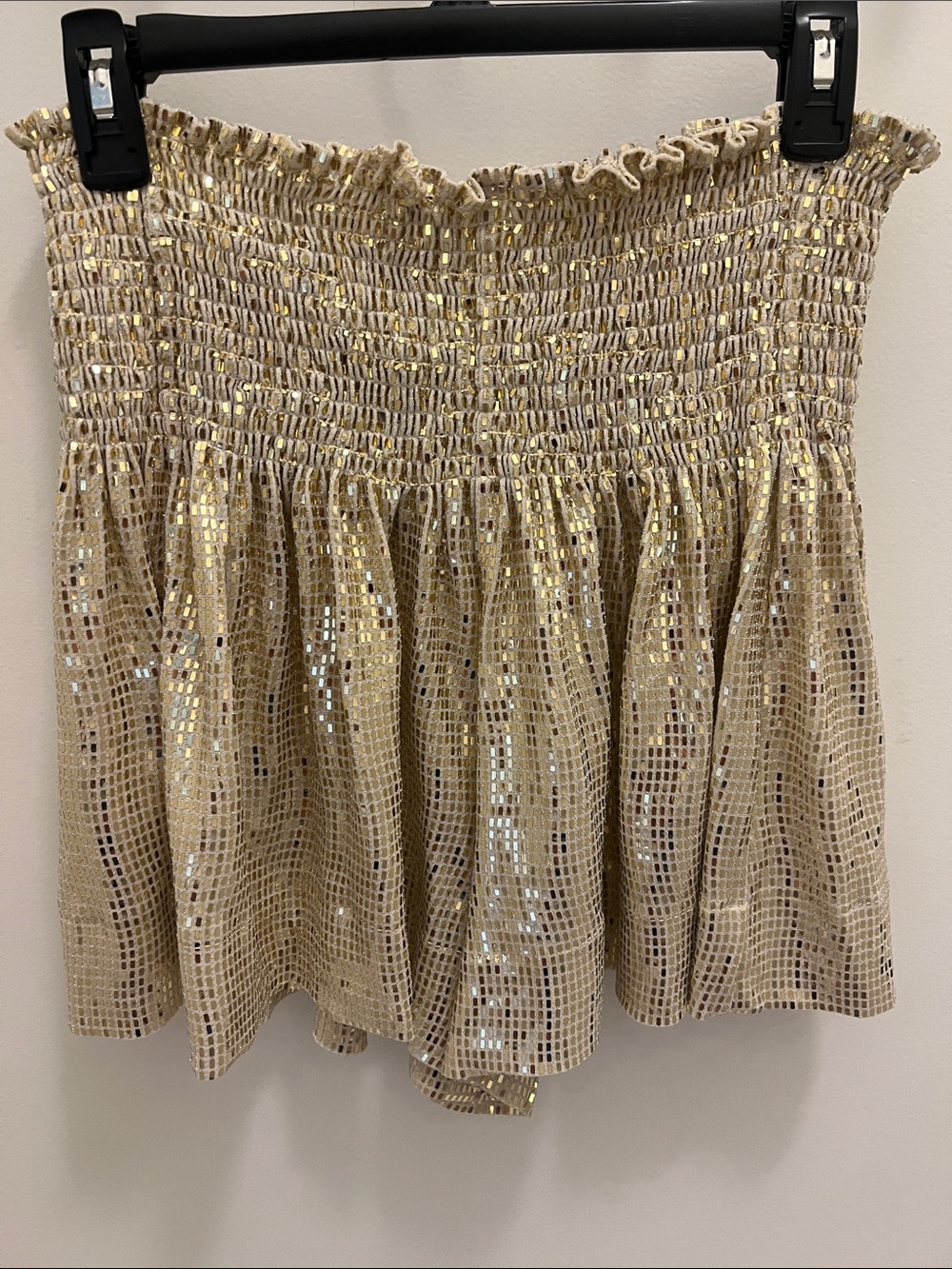 QUEEN OF SPARKLES Gold Sequin Smocked Mini Skirt